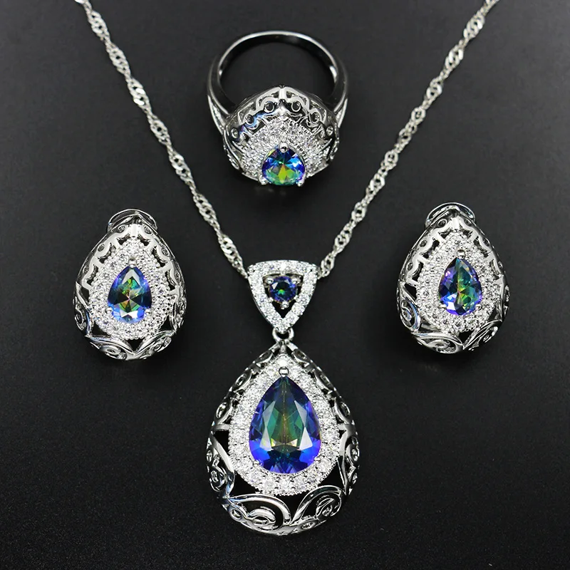 

Austrian Crystal Guardian Water Drop Necklace Jewelry Set Colorful Blue Fine Jewelry Sets for Women Necklace and Earrings Rings