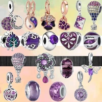 fashion purple flowers love leaves zircon beads dragonfly pendants fit original pandora charms silver color bracelet women gifts