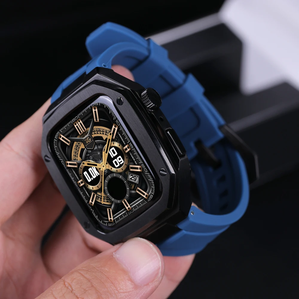 Luxury Metal Case+strap for Apple Watch band 45mm 44mm Leather Stainless Steel For iWatch 8 7 65 Modification Kit watch case Mod