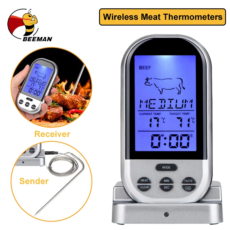 

Беспроводной цифровой термометр для мяса, кухонный прибор для измерения температуры, для барбекю, духовки, гриля, курильщика с таймером и щупом