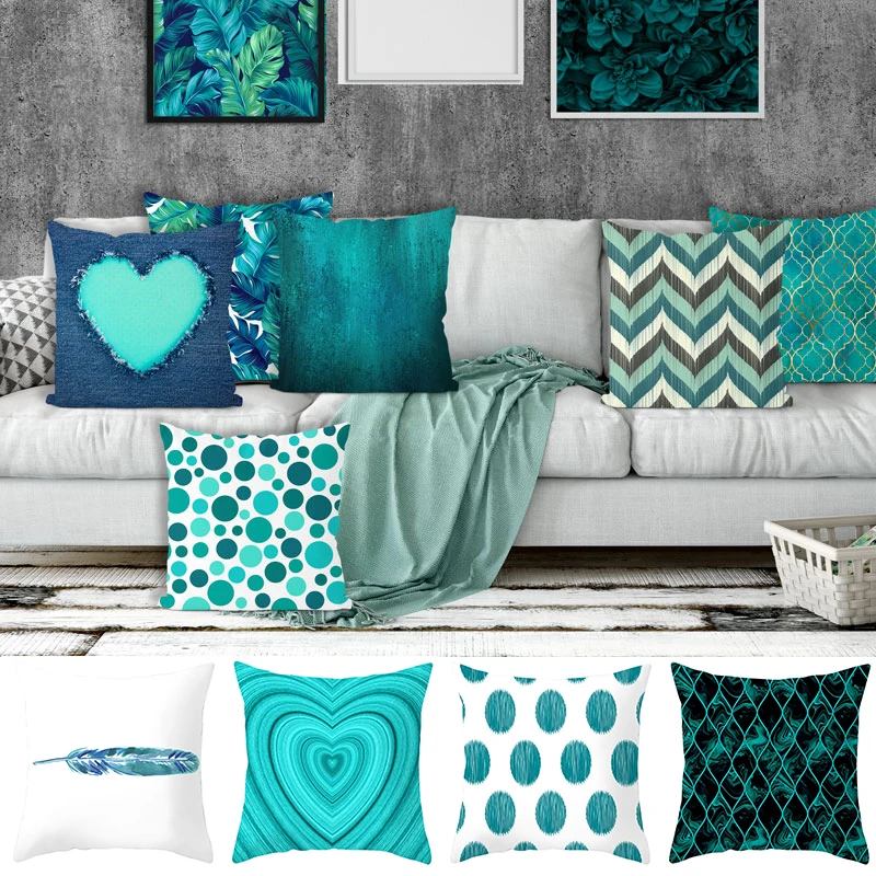 45x45cm Teal Cushion Cover Leaf Feather Geometric Heart Sofa Pillowcase Bedroom Home Decor Office Decor Accessories