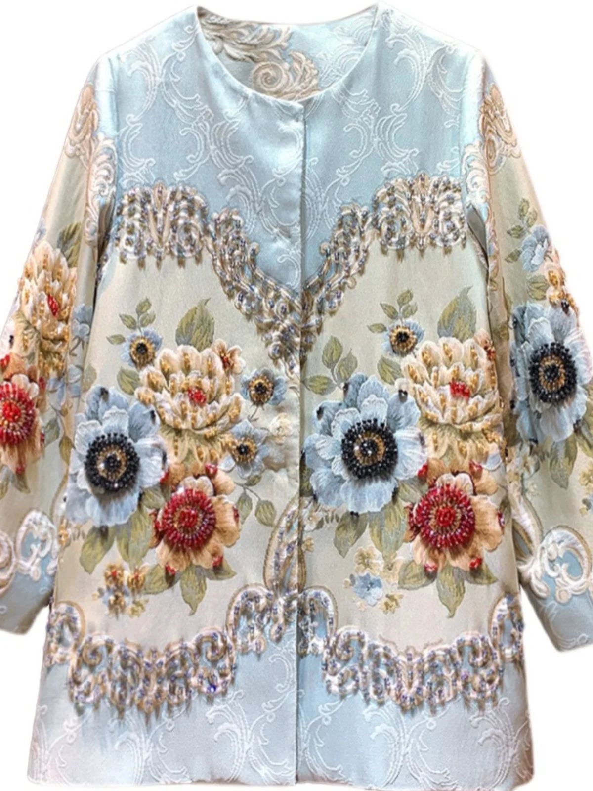 Женское демисезонное пальто с вышивкой и бусинами 2024