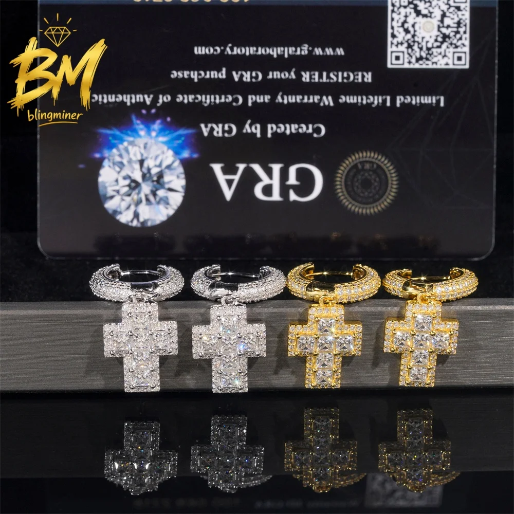 Фото Серебряные серьги Blingminer S925 с крестом VVS и муассанитом для мужчин и женщин, ювелирные изделия, прошедшие проверку на подлинность бриллиантов, GRA, бесплатная доставка №1
