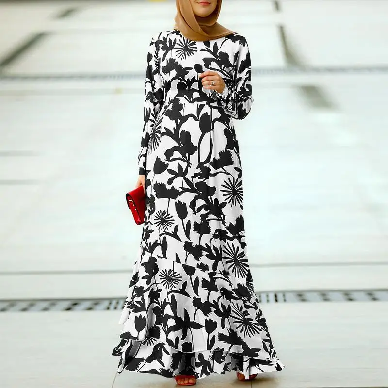 Boho Floral Print Muslim Long Dress Ruffle Hem Robe Muslim Dresses Abaya Dress Womens Indian Islamic Women Clothing Regulai Fit