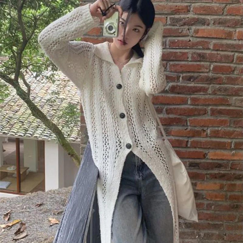 ПОЛО ажурный вязаный кардиган с вырезом свитер куртка женская осень 2021 новые