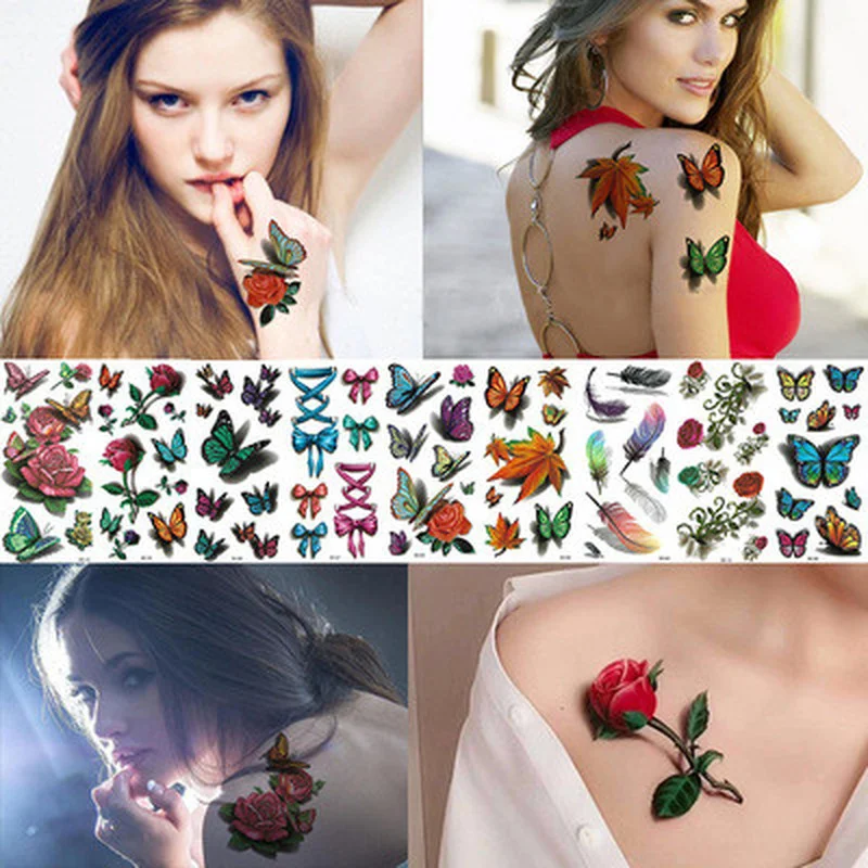 

Temporary Tattoos Sticker 3D Butterfly Rose Flower Feather Tattoo for Women Body Art Tattoo Sticker Art Waterproof Fake Tattoo