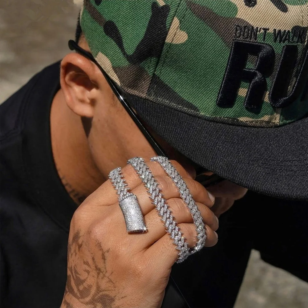 Хип-хоп Iced Out VVS Муассанит Золотая кубинская цепочка Ожерелье из стерлингового