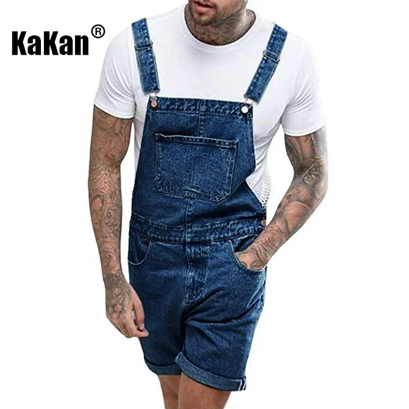 Kakan - European and American New Vintage Men's Denim Shorts, Perforated One Piece Workwear Strap Jeans K34-209