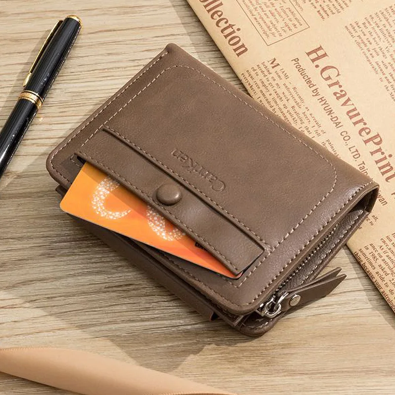 

Men's Short Tri Fold Retro Wallet Multifunctional Card Vertical Snap Clip Bag Zipper Wallet