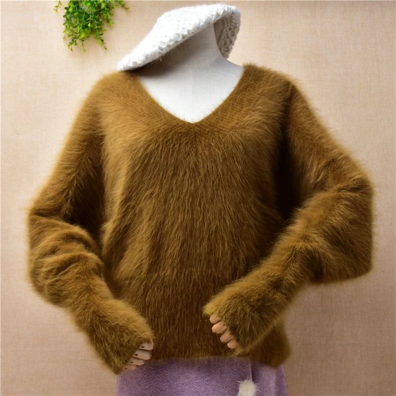 

female women fall winter blouses mink cashmere knitted long batwing sleeves v-neck loose pullover angora jumper sweater pull top