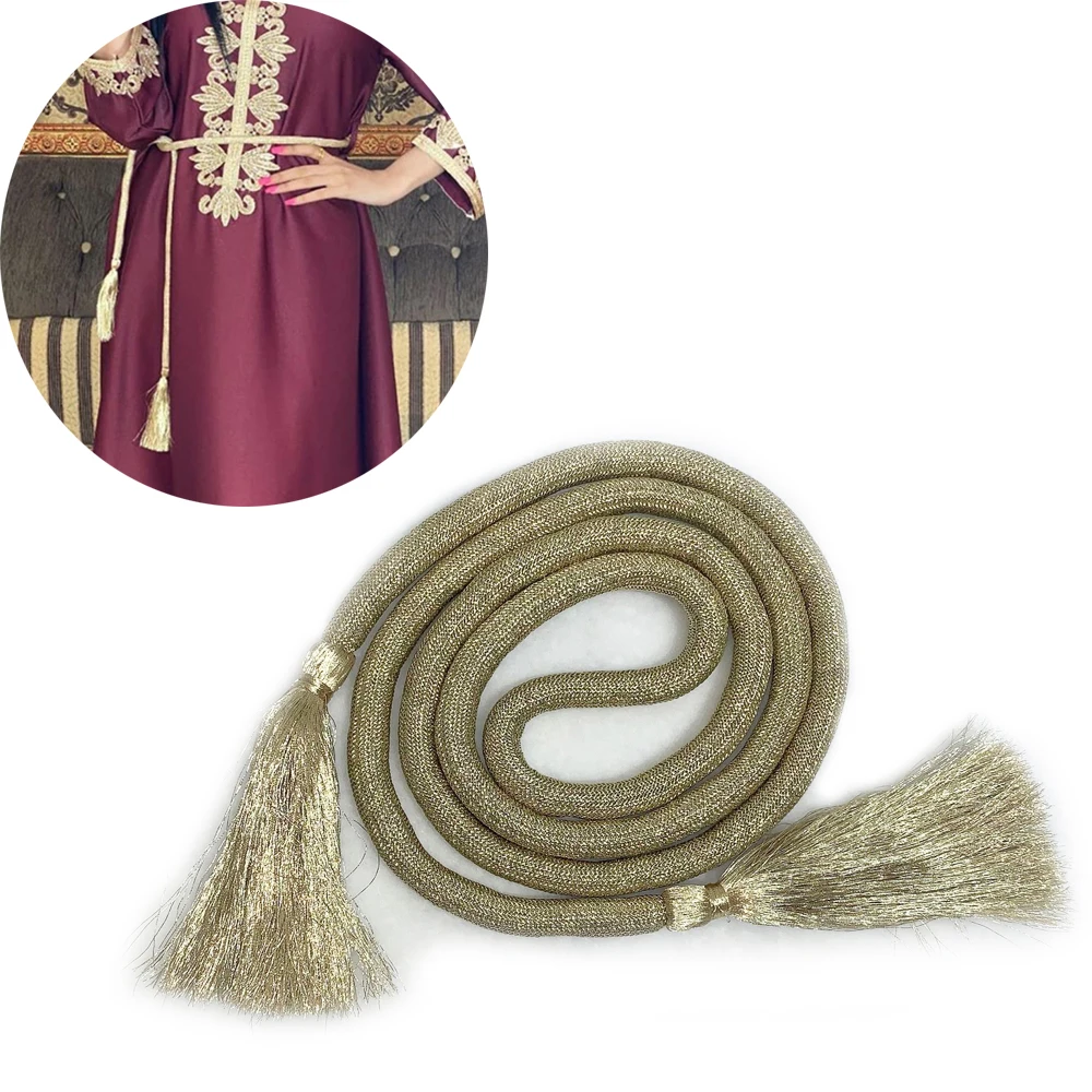 180cm Gold Silk Tassel Waistband Belt Women Muslim Decorated Waist Rope Ladies Sash for Abaya Dress Fashion Accessories Dubai