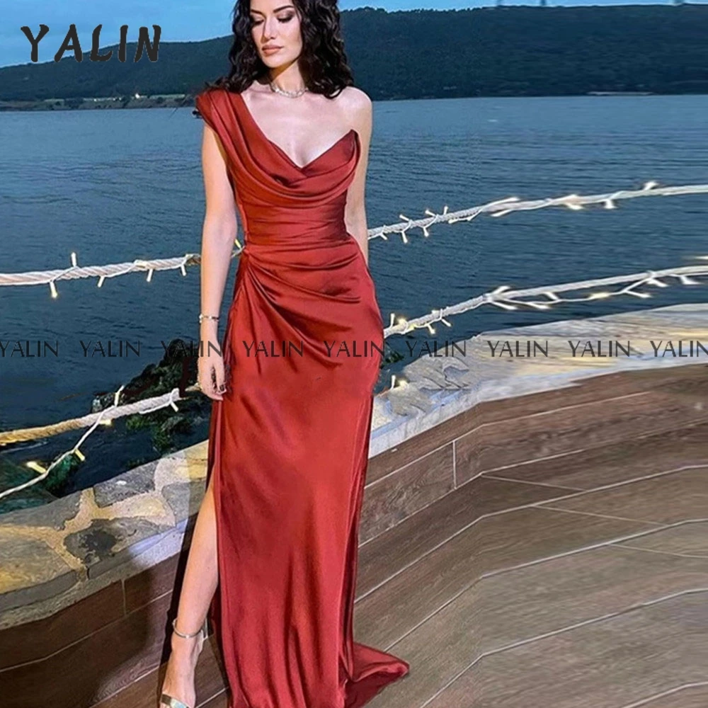 

YALIN High Slit Evening Grown Mermaid Sleeveless Sweep Train Satin Backless Prom Dress Formal Burgundy فستان سهره فخم