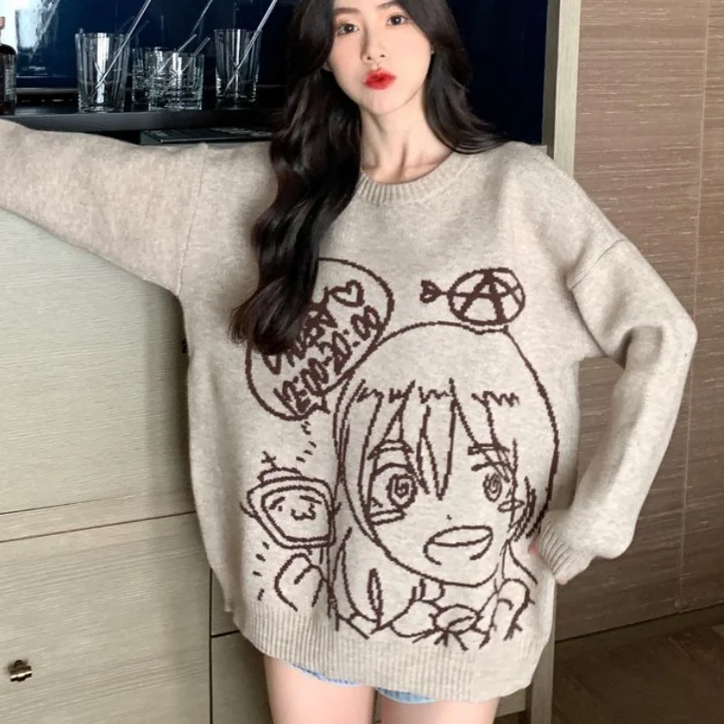 Жаккардовый свитер японской манги винтажный серый пуловер большого размера с