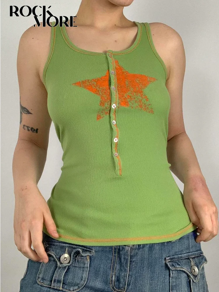 

Rockmore Vintage Star Print Camis Y2K Aesthetic Button Up Crop Tops Women Slim Sleeveless Tank Top 2000s Fairy Grunge Basic Tees