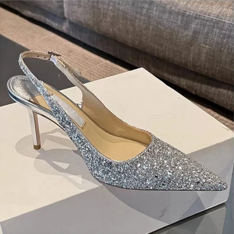 Women's High Heel Sandals 2023 Spring/Summer New Fashion Banquet Sequins Pointed Thin Heel Shallow Mouth Single Shoe