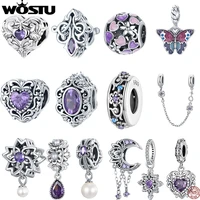 wostu 925 sterling silver dreamy purple heart charms safety chain space jewelry beads fit original bracelet diy bangle for women