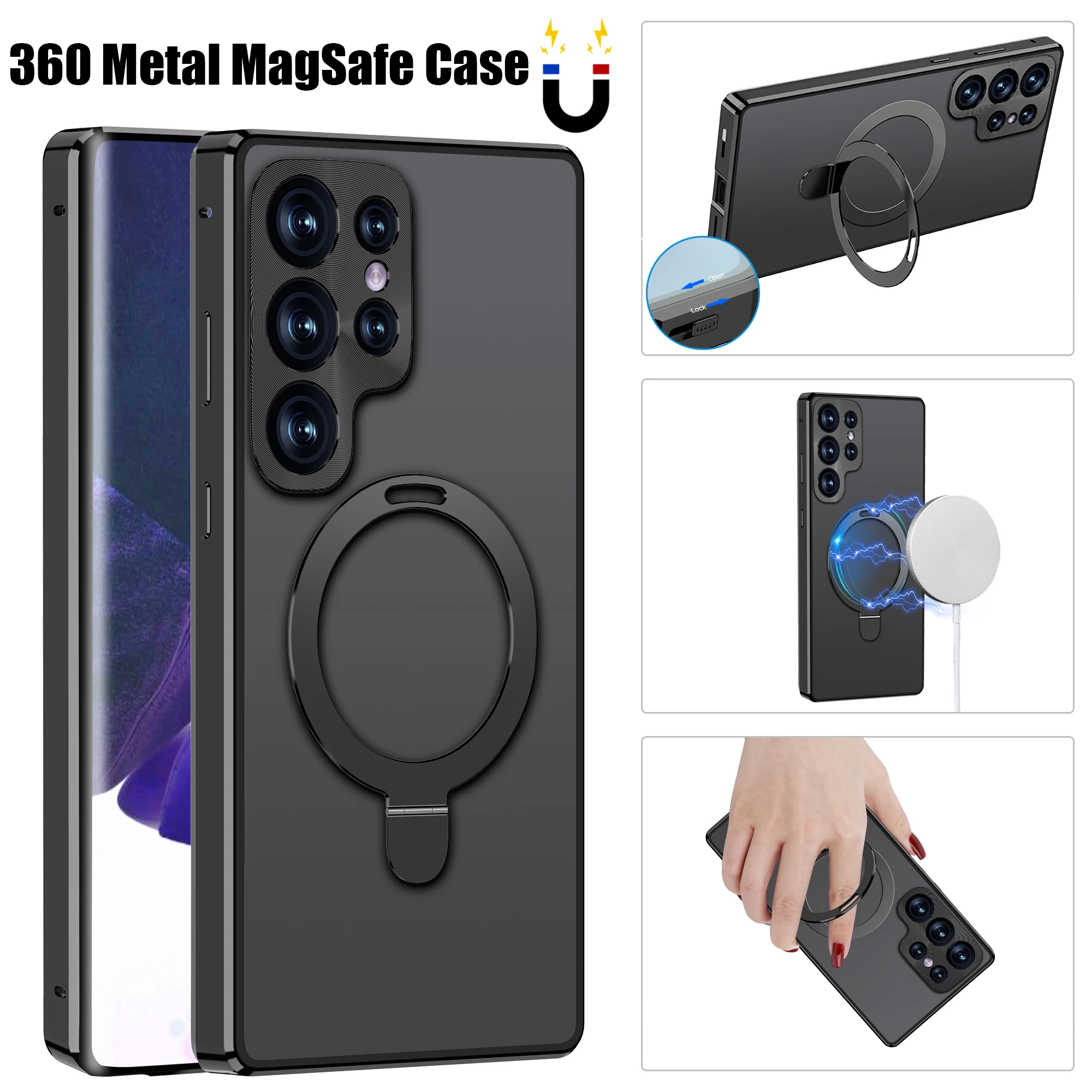 

For Samsung Galaxy S22 S23 Ultra Case 360 Full Screen Camera Protection Metal Rotate Kickstand Car Holder Charging Magsafe cover
