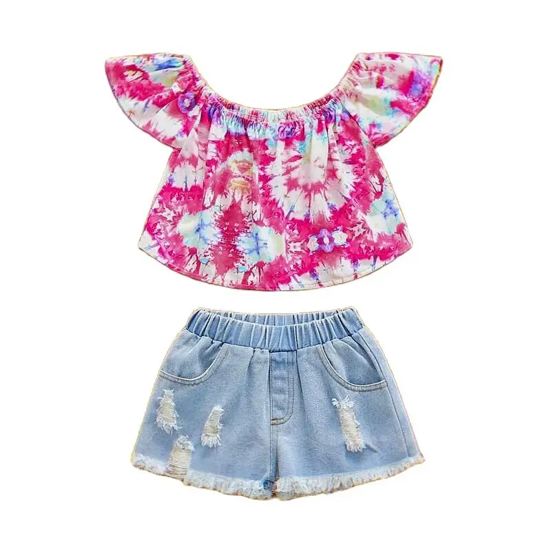 

Sodawn Summer Fashion Print+Denim Shorts 2Pcs Girl Sets Children Clothes Kids Clothes Girls For 2-6 Years
