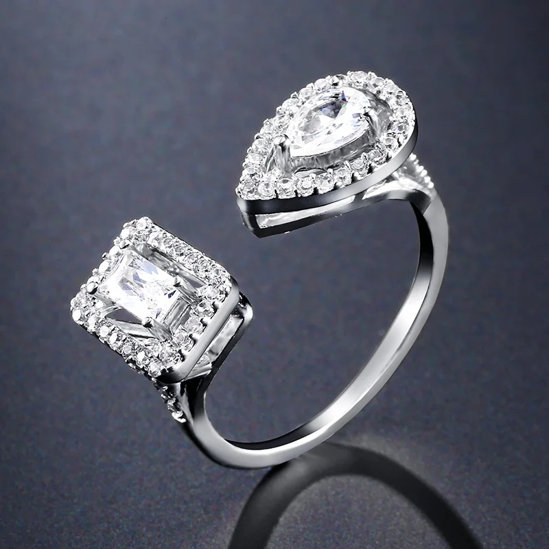 

Luxury Geometric Cubic Zirconia Open Silver Color Rings for Women Fashion Water Drop & Square Finger Wedding Party Dress Jewelry