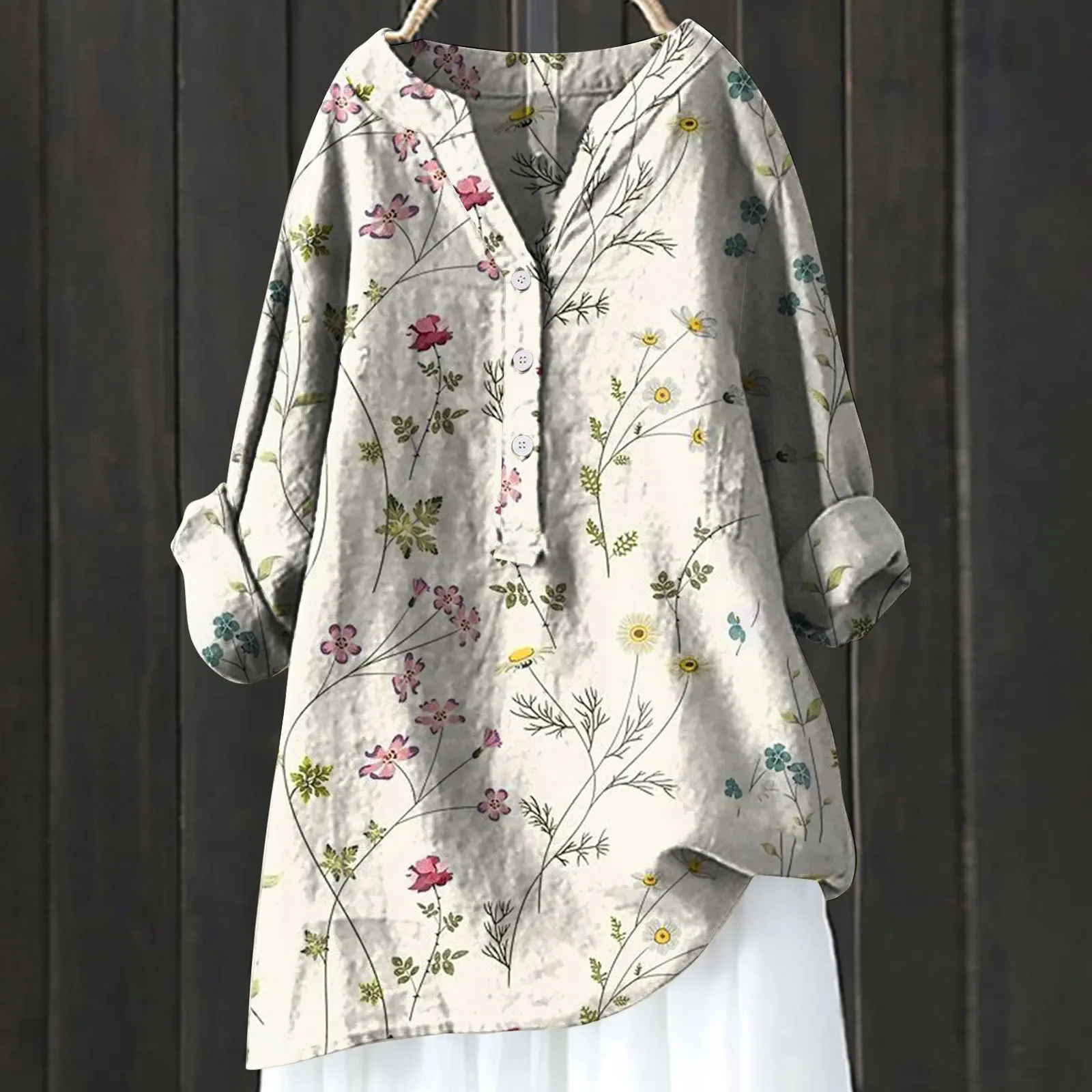 Блузка женская льняная с V-образным вырезом Модный повседневный топ на пуговицах