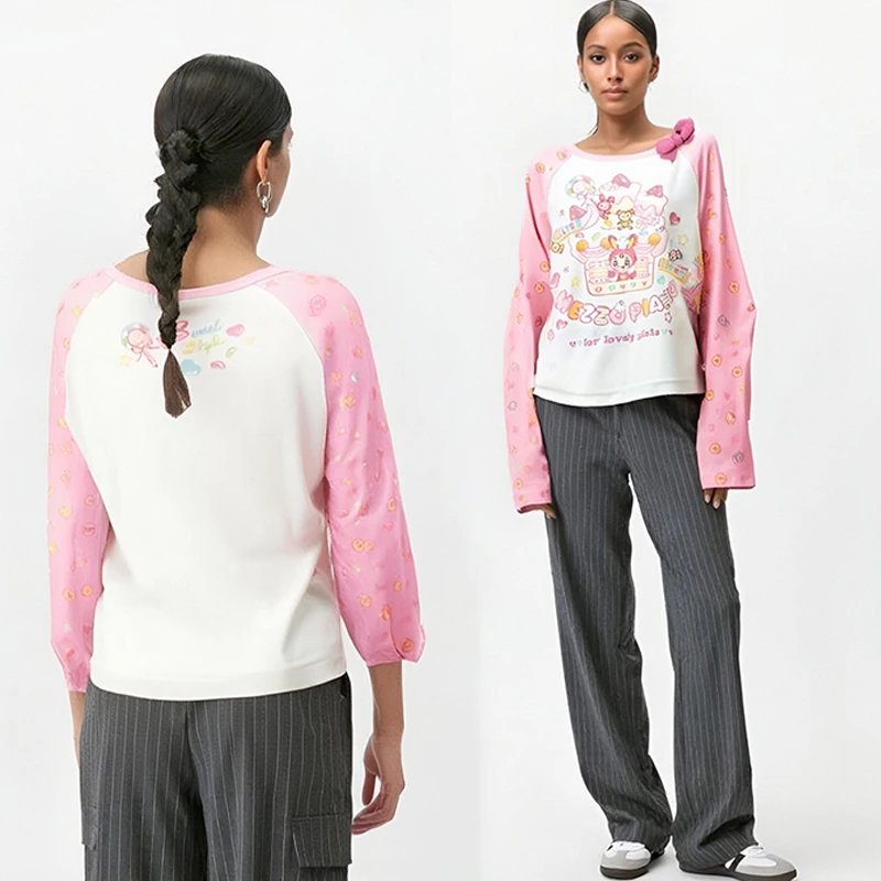 Японская субкультура милая футболка с мультяшным принтом осенняя новая бантом и