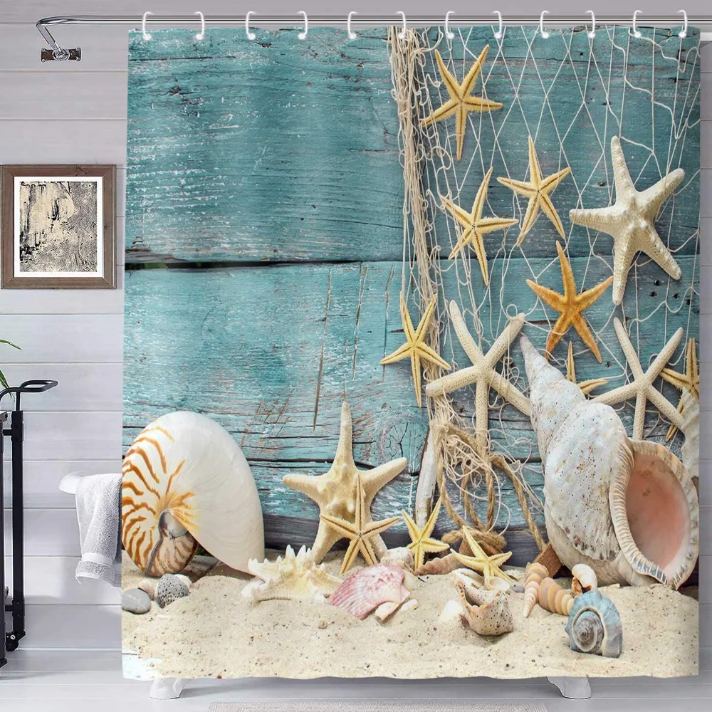 

Seashell Shower Curtain Summer Beach Starfish On The Coastal For Bathroom Curtain Polyester Fabric Bathroom Accessories Set