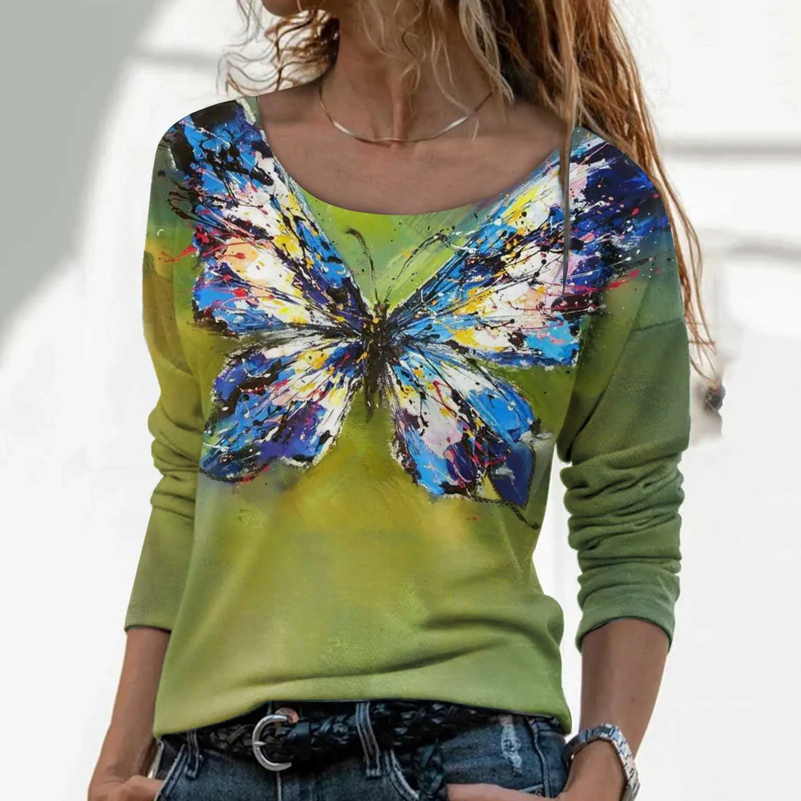 

Women Butterflies Fall Long Sleeve Color Block Shirt Casual Crew Neck Top Loose Tee Womens V Neck Tunics Blouse Women