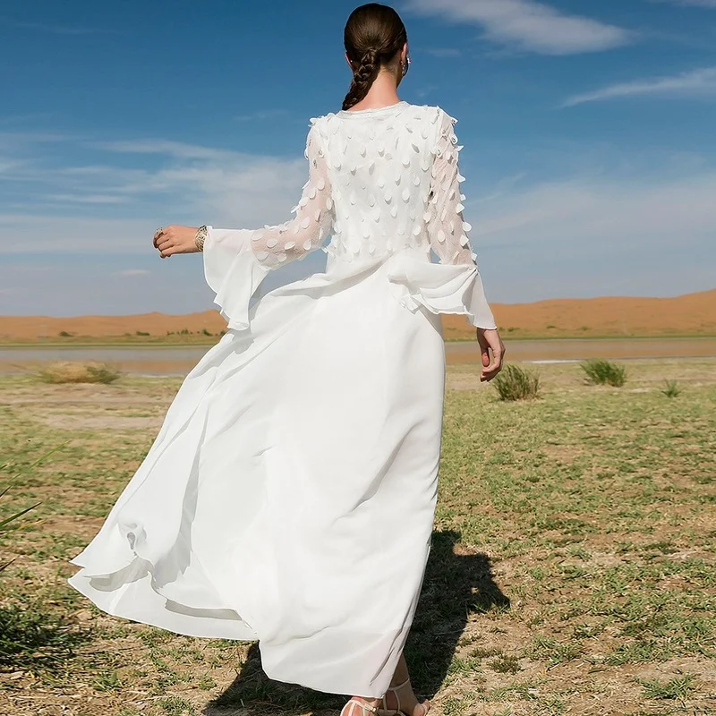 White Muslim Dress Women 2022 Ruffle Sleeve Chiffon Eid Mubarak Evening Party Maxi Long Dress Arabic Turkish Islamic Clothing
