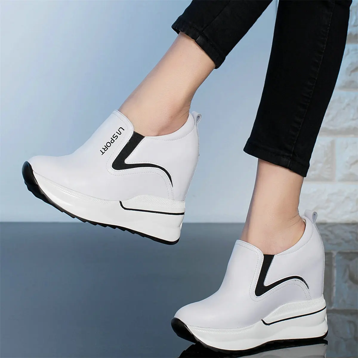 12cm Super High Heels Party Shoes Women Genuine Leather Wedges Platform Pumps Female Round Toe Fashion Sneakers Casual Shoes