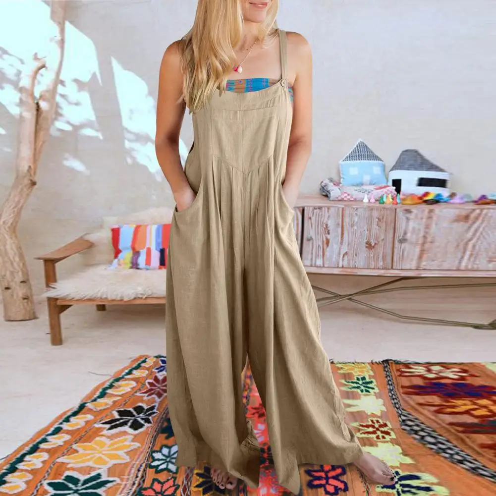 

Simple Playsuit Buttons Decor Women Jumpsuit Summer Casual Solid Color Wide Leg Playsuit