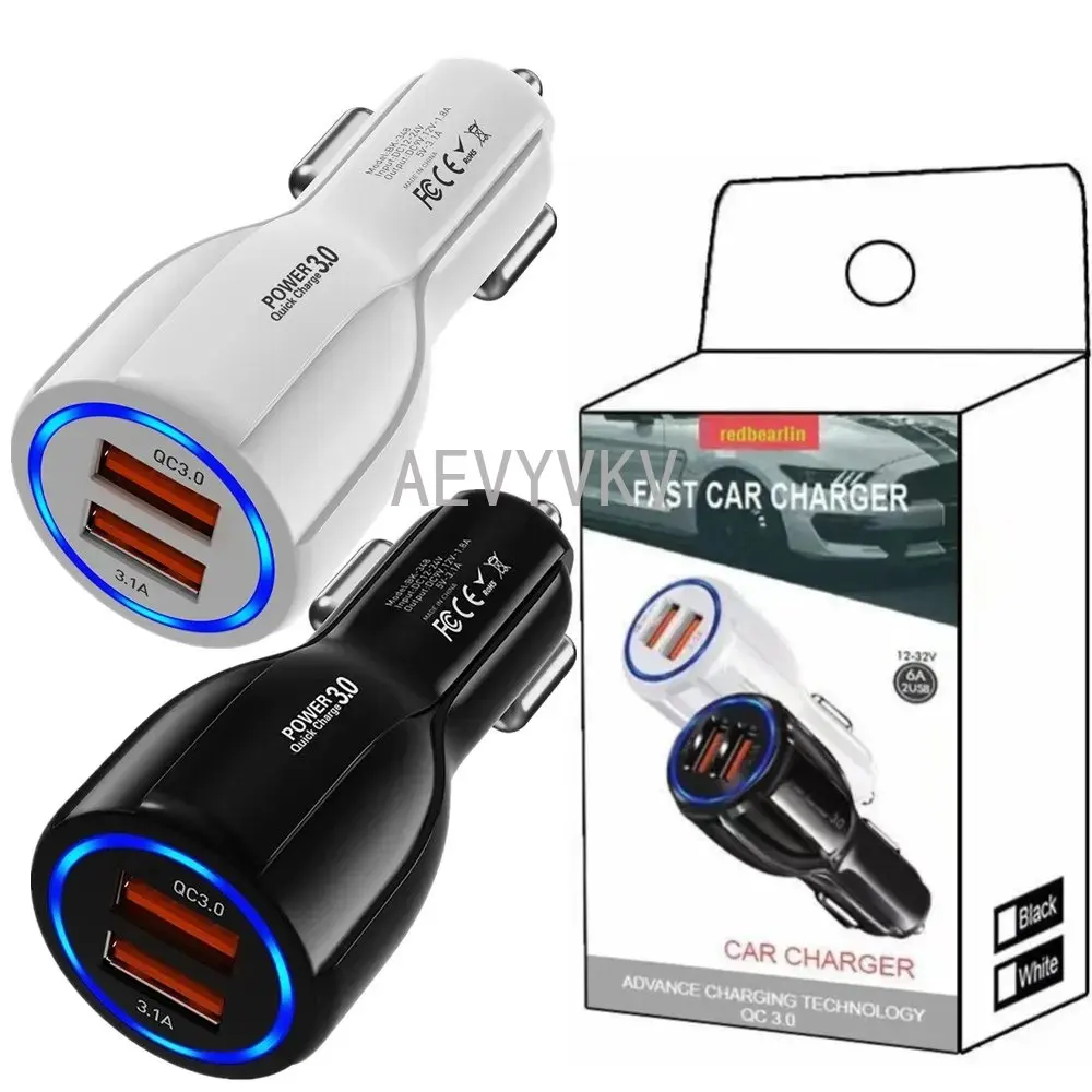 

10pcs 18W QC3.0 Dual USb Car Charger Fast Quick Charging Power Adapters For Iphone 7 8 11 12 13 14 Samsung Htc With Retail Box
