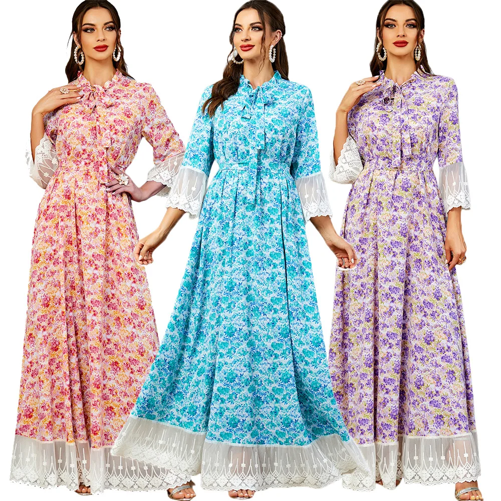 

Vintage Floral Abaya Women Muslim Lace Print Maxi Dress Eid Ramadan Kaftan Islamic Clothing Marocain Caftan Arabic Robe Vestidos