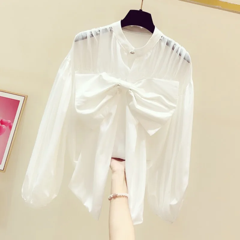 

SuperAen French Bow Sweet Stand White Shirts Women's Spring 2022 New Loose Lantern Sleeves Coat