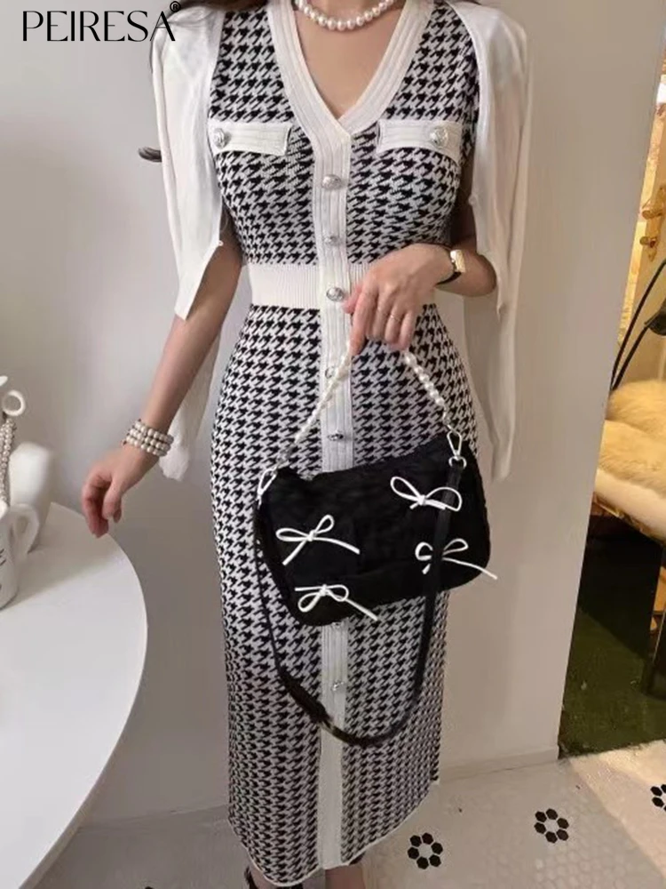 

PEIRESA V Neck Houndstooth Women Knitted Dress Summer New Color Block Short Sleeve Single Breasted Elegant Long Dresses Vestidos