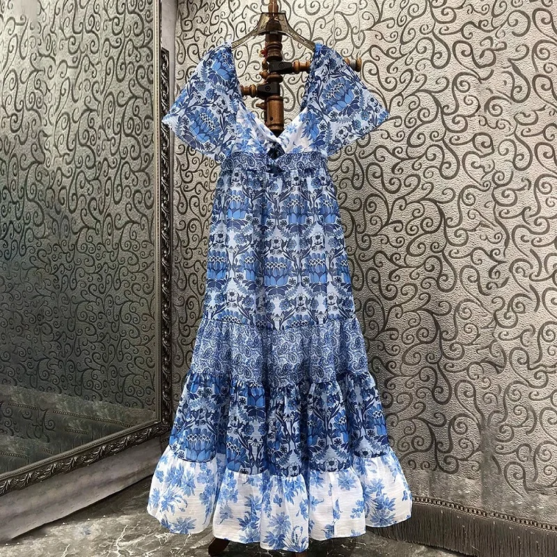 

Женское длинное ажурное платье с глубоким V-образным вырезом, длинное Пляжное Платье макси с коротким рукавом и синим принтом, лето 2023