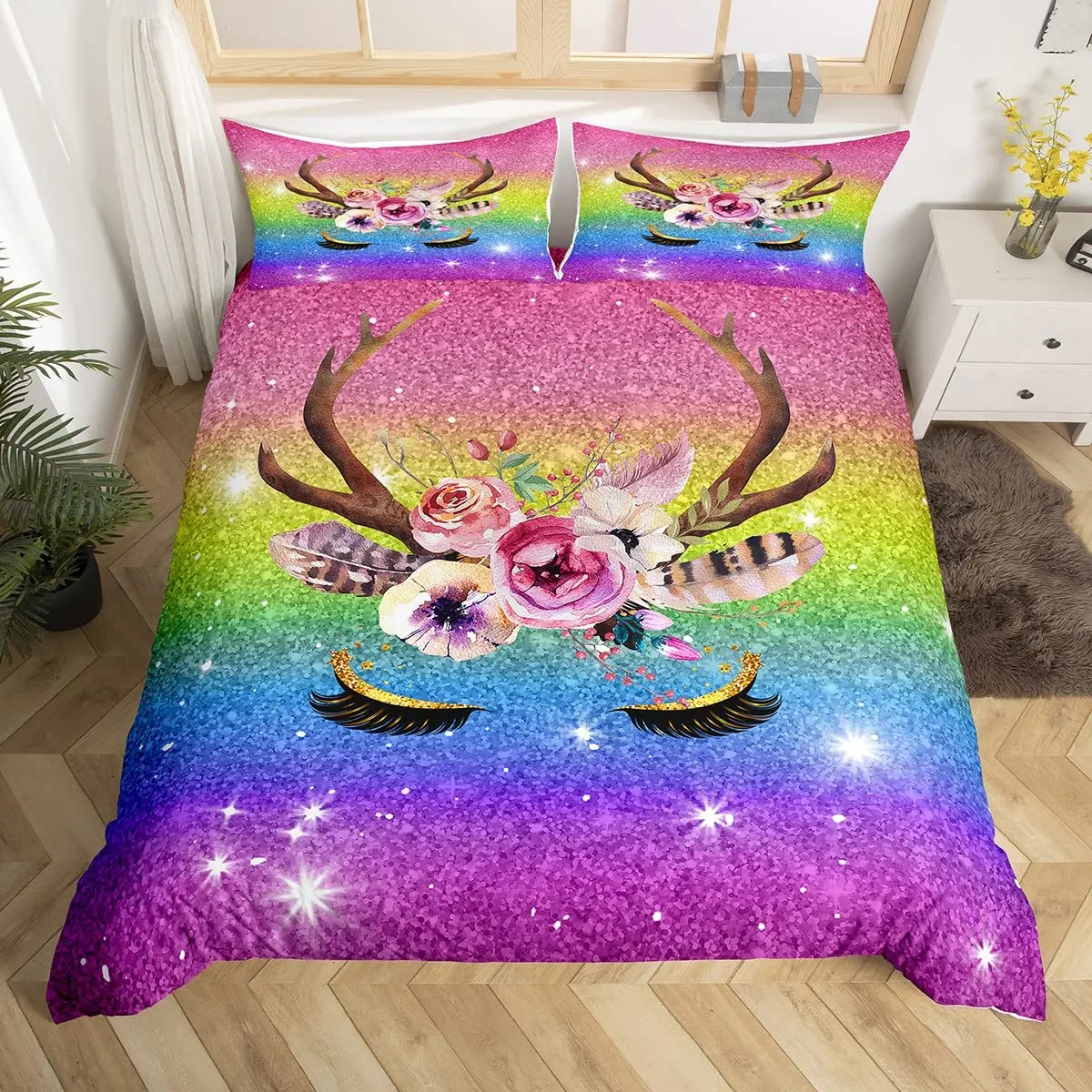 

Unicorn Eyelash King Queen Duvet Cover Gradient Rainbow Bedding Set Golden Long Lashes Quilt Cover Polyester Comforter Cover