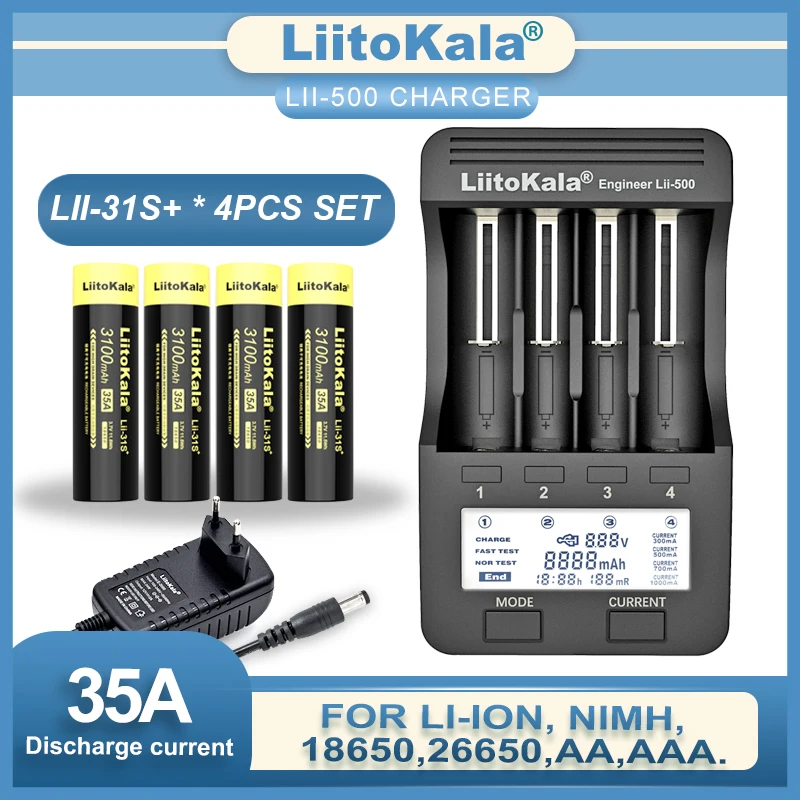 

LiitoKala Lii-500 Charger Lii-31S*4PCS 18650 Battery 3.7V Li-ion 3100mA 35A Power Battery For High Drain Devices.