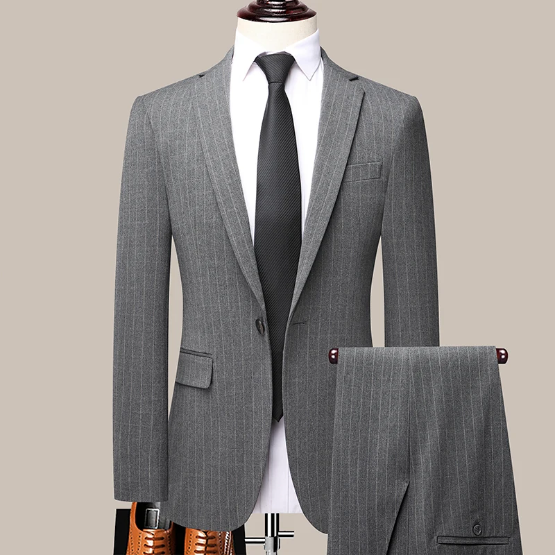 

2022 New Men Gray Stripe Suits Mens Spring Autumn Business Casual Formal 2 Pieces (Blazer+Pant) Slim Party Wedding Dress Suits