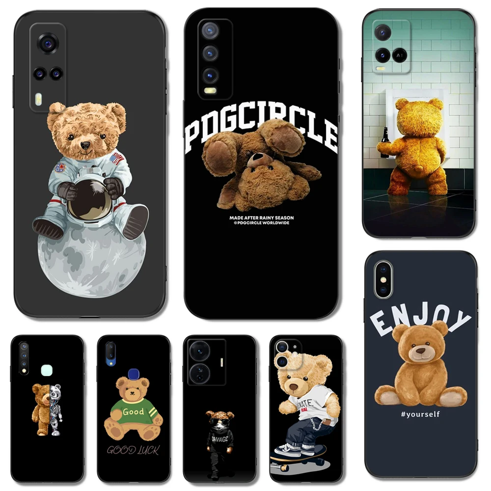 Черный чехол ТПУ для Vivo V5 V5S V7 V9 Youth V11 V11i V15 V17 NEO V20 E V21 V21E V23 V23E PRO 4G 5G Teddy Bear Couple