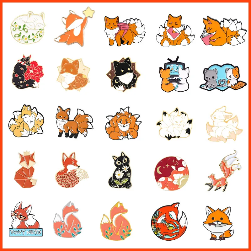 Little Fox Combination Metal Enamel Brooch Japanese Cartoon Cute Nine-tailed Fox Small Animal Badge Pin Jewelry Men Women Gifts