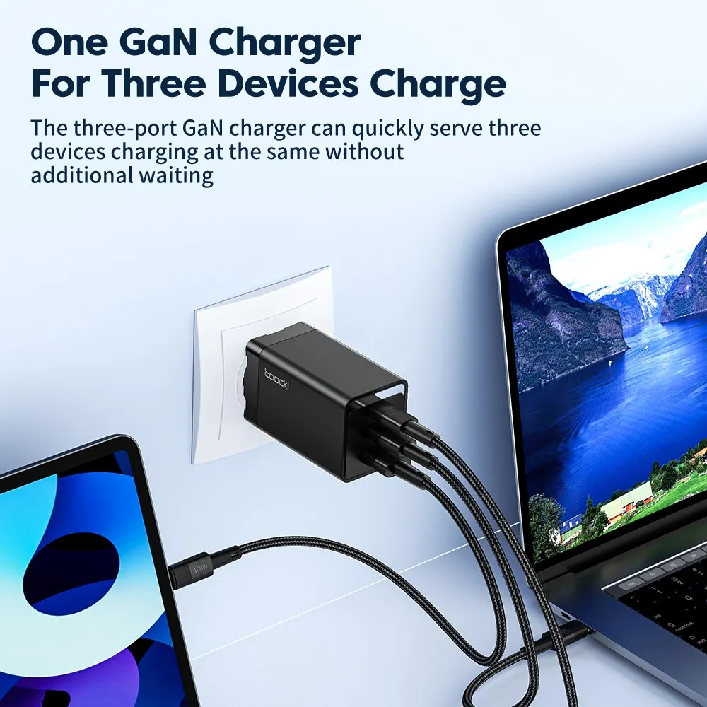 Фото Toocki 67W GaN USB C Быстрое Зарядное Устройство QC4.0 PD 3.0 45W Type-C Для iPhone 15/14/13/12 Pro MacBook — Подходит Для Пу... №4