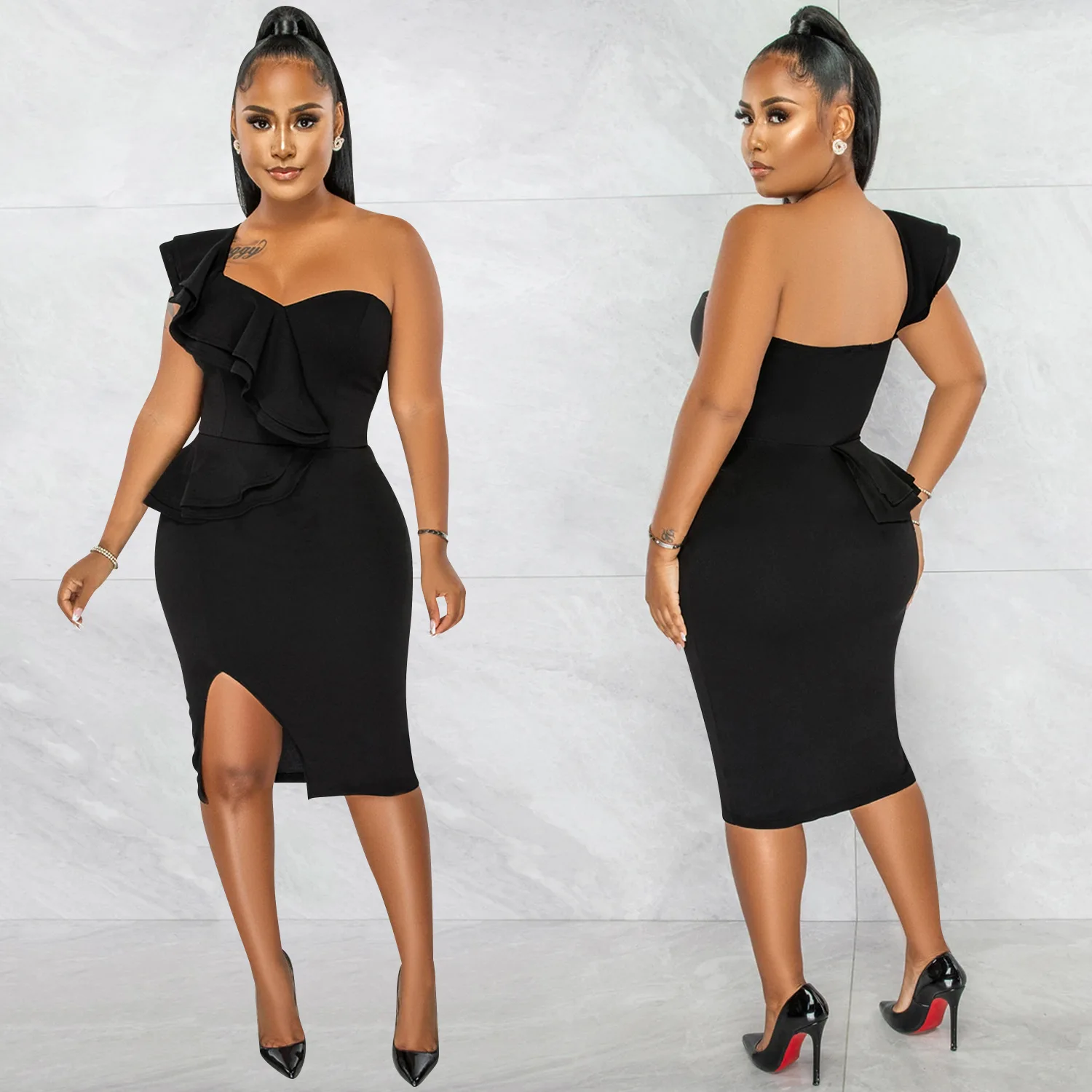 

Summer Sexy Party One shoulder Dress Women Fashion One Shoulder Ruffle Slim Slit Dress Women
