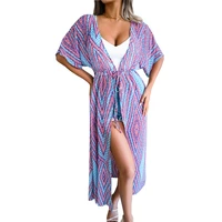 2022 summer new holiday style casual lace up printed cardigan long sun protection shirt beach cover ups