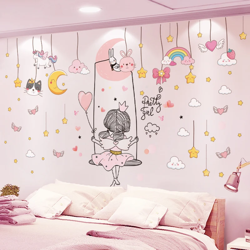

[shijuekongjian] Stars Coulds Hangings Wall Stickers DIY Girl Moon Mural Decals for Kids Rooms Baby Bedroom Home Decoration