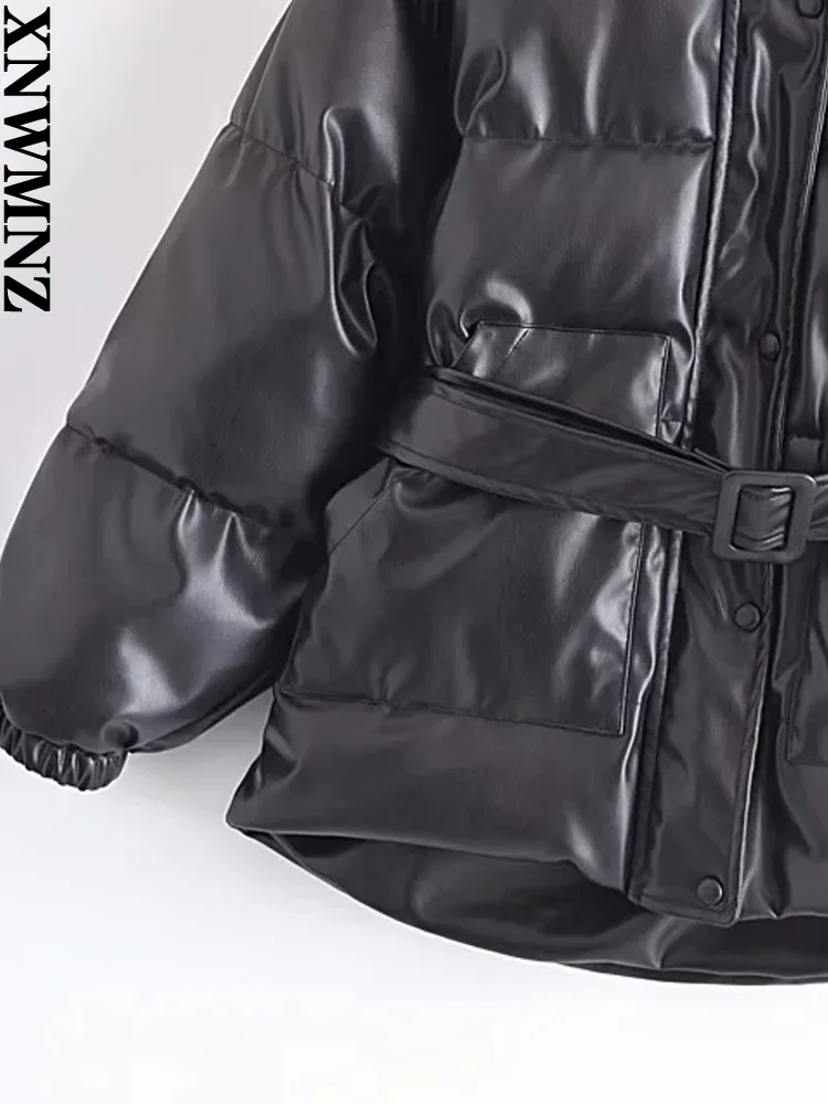XNWMNZ New Women Leather with belt warm Cotton parka Winter Coat Womens Clothing Slim Waist Long Sleeve Hooded Outwear  Clothes