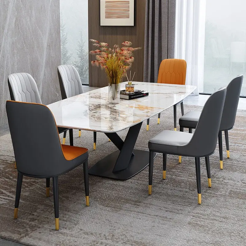 

Private custom Italian minimalist slate dining table and chair combination light luxury high-end bright slate rectangle