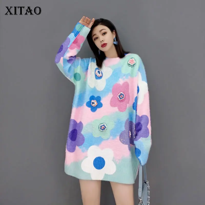 

XITAO Fashion Knitting Sweater Contrast Color Flowers Pattern Loose Casual Simplicity O-neck Collar Pullover Top New GWJ2866
