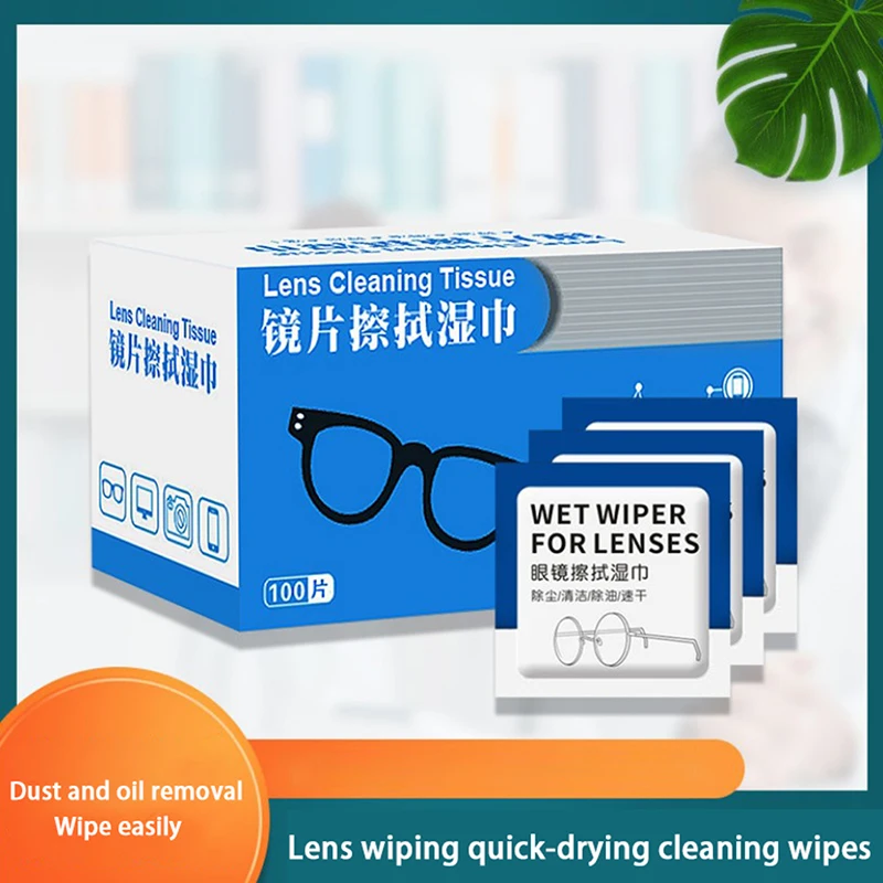 

100pcs/box Glasses Cleaner Wet Wipes Disposable Anti Fog Misting Dust Remover Cleaning Lens Sunglasses Phone Screen Computer
