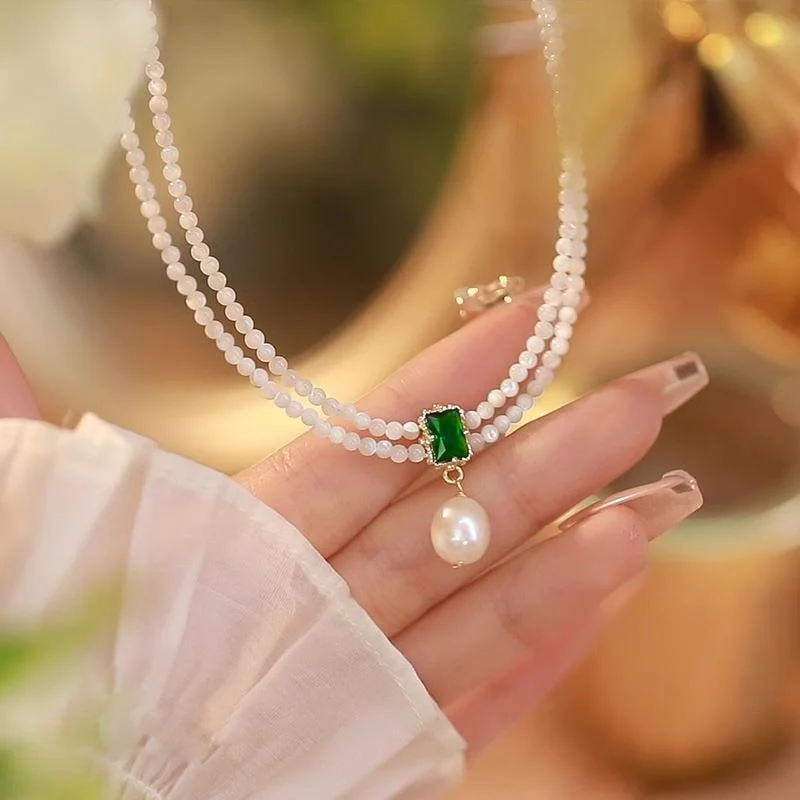 

Minar Dainty White Natural Shell Green CZ Zircon Beaded Necklace for Women Double Layered Freshwater Pearl Chokers Necklaces