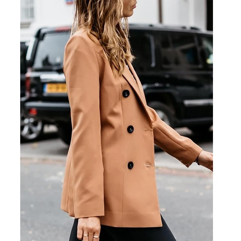 Long Sleeves Button Office Black Lapel Lady Khaki Solid Jackets Business Suits Blazer Winter Women Double Breasted Blazer Coats